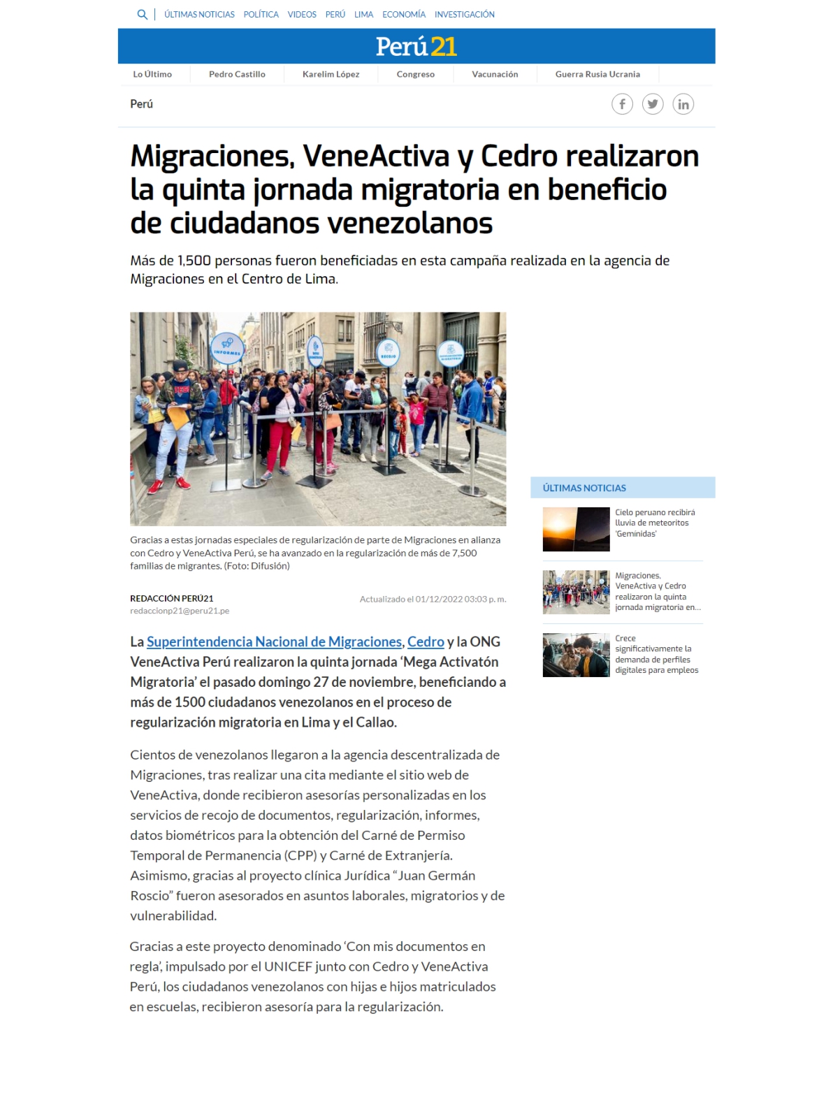 Lee más sobre el artículo Migraciones, VeneActiva y Cedro realizaron la quinta jornada migratoria en beneficio de ciudadanos venezolanos