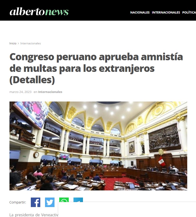 Publicación de Alberto News sobre la aprobación de la Ley de Amnistía de Multas por el Congreso de Perú
