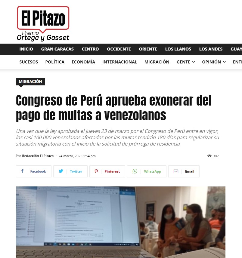 Publicación de El Pitazo sobre la aprobación de la Ley de Amnistía de Multas en el Congreso de Perú