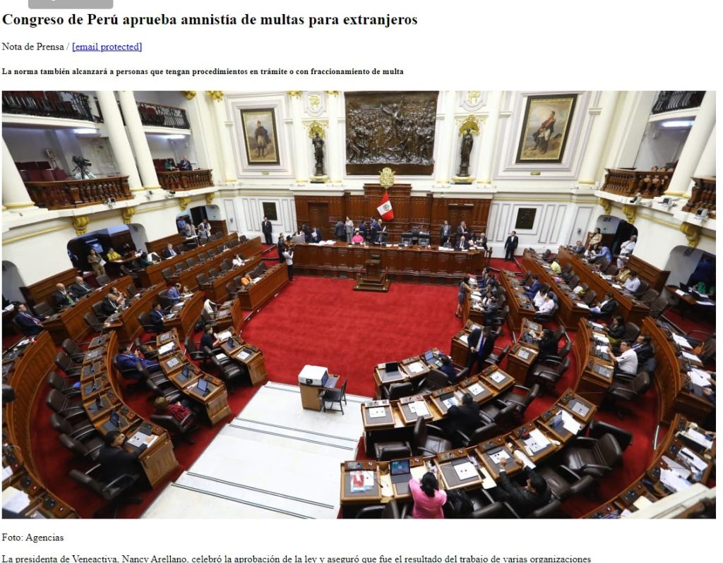 Publicación de La Verdad sobre la aprobación de la Ley de Amnistía de Multas por el Congreso de Perú