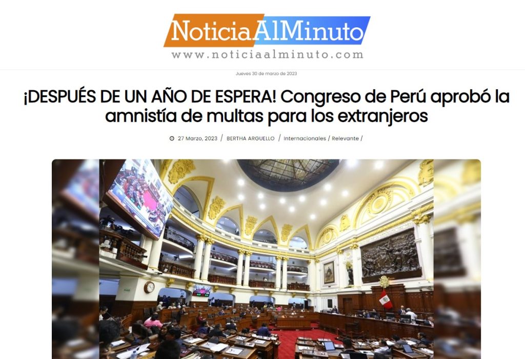 Publicación de Noticias Al Minuto sobre la aprobación de la Ley de Amnistía de Multas por el Congreso de Perú