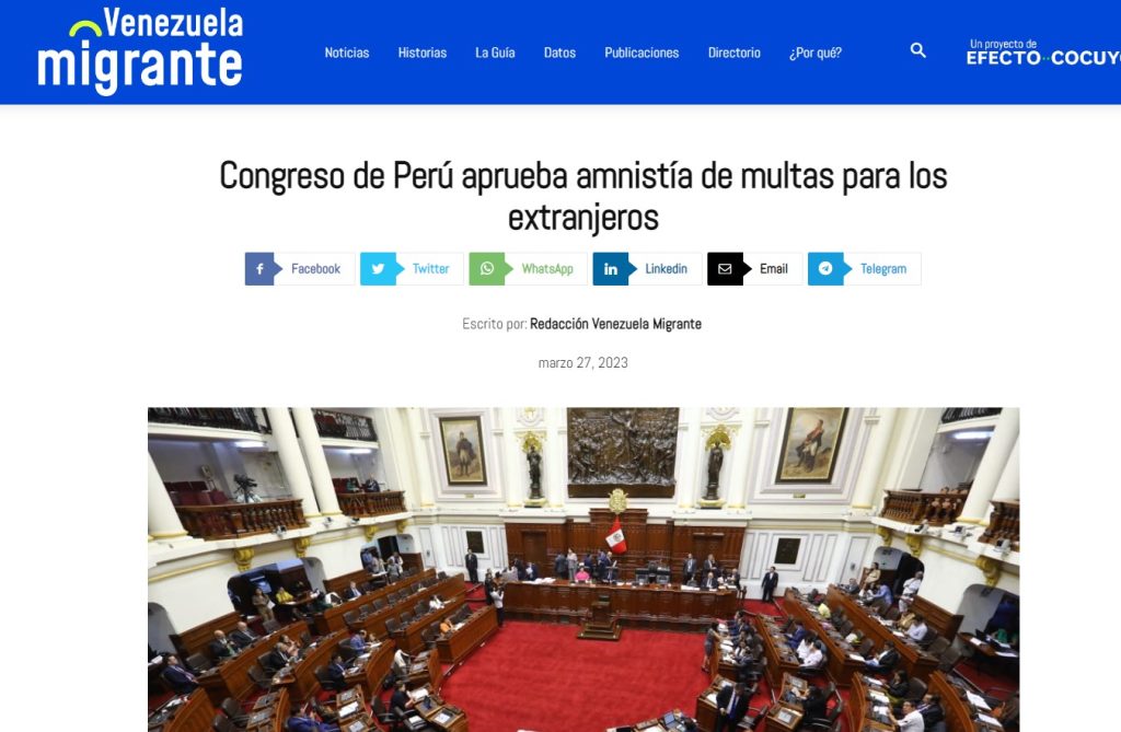 Publicación de Venezuela Migrante sobre la aprobación de la Ley de Amnistía de Multas por el Congreso de Perú
